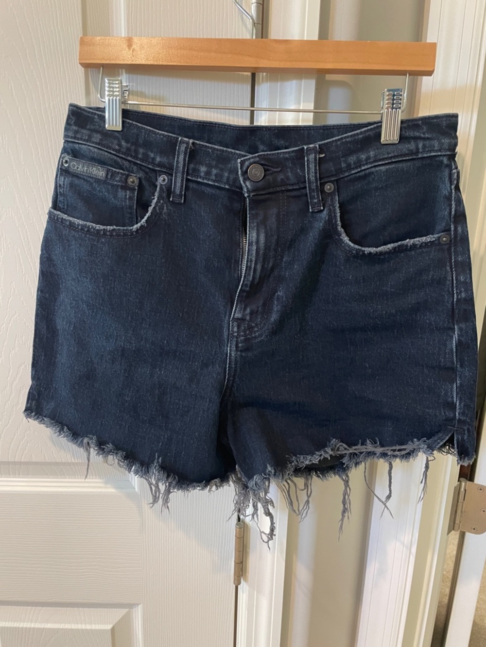 Calvin Klein Dark Blue Distressed Denim Cutoff Shorts